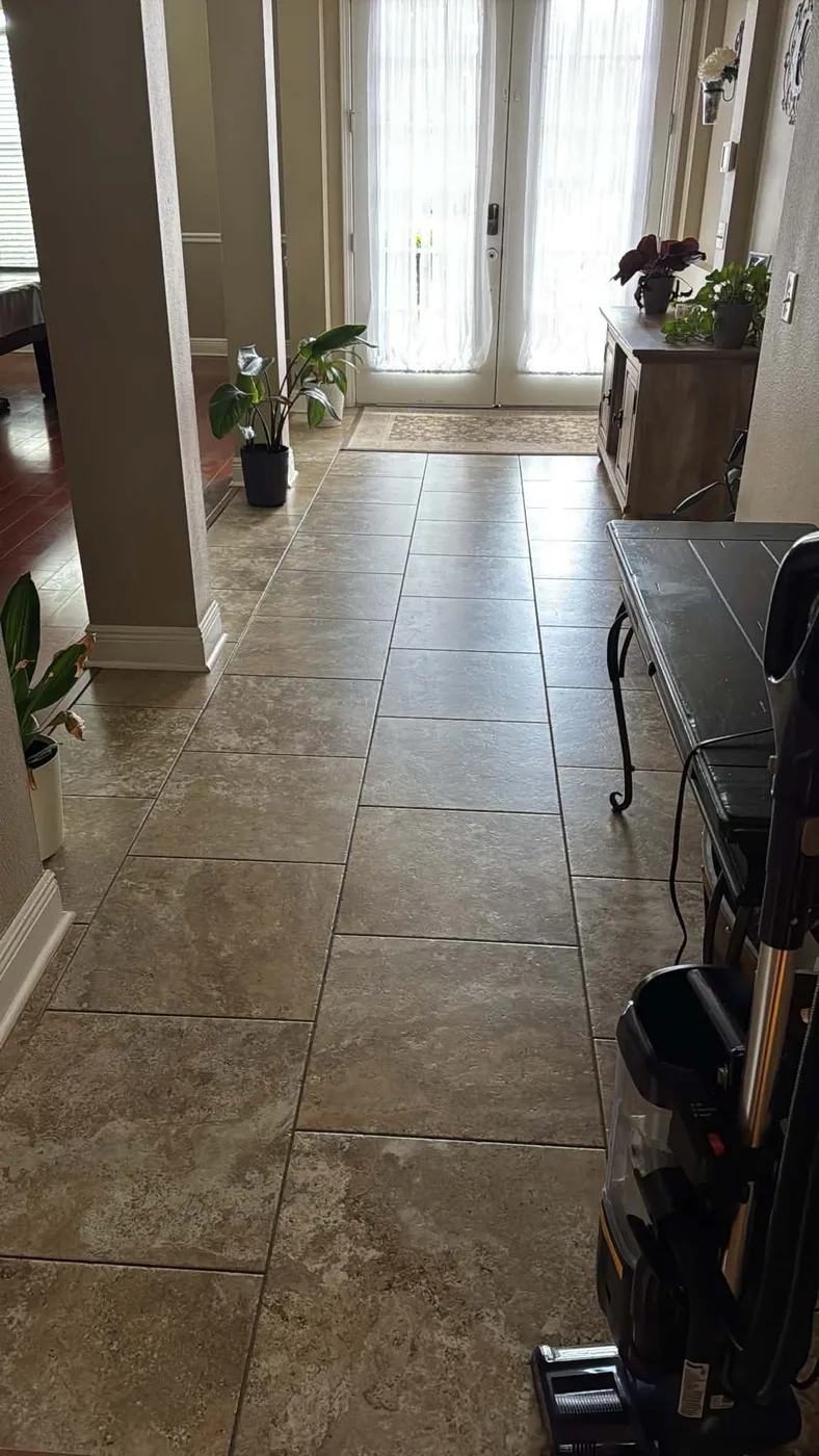 Vacuum and cleaning cart staged in a Tampa, FL home hallway for a recurring cleaning